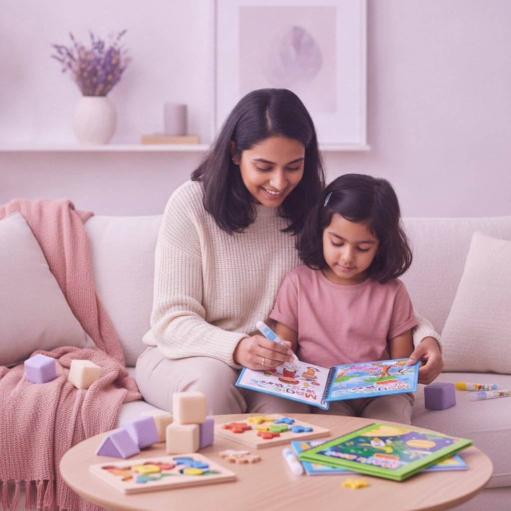 A South Asian mother and child draw together in an AquaNova Sketchbook on a cream sofa, surrounded by educational toys.
