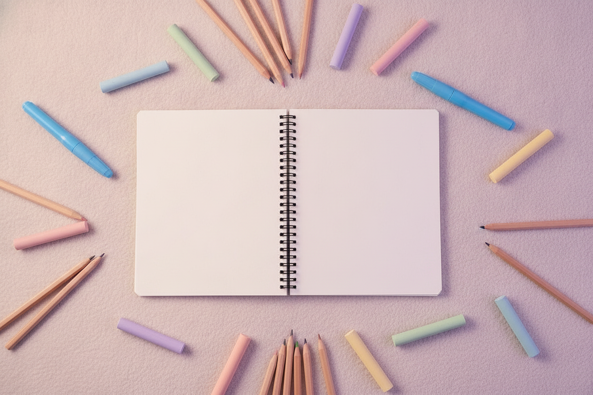 AquaNova Sketchbook open to a blank page, surrounded by colorful pencils and soft pastels on a creamy surface with lavender a